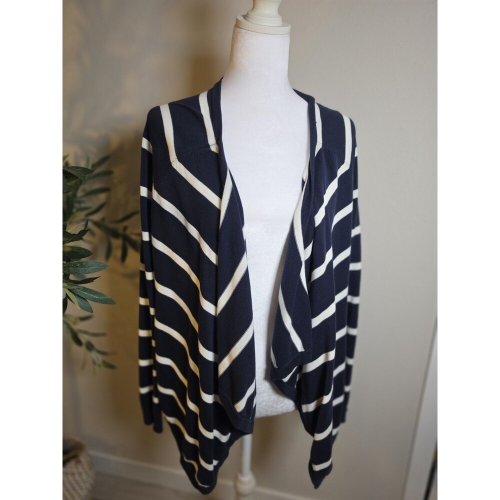 Nautica Women’s Small Navy White Striped Open Front Waterfall Cardigan 100%...
